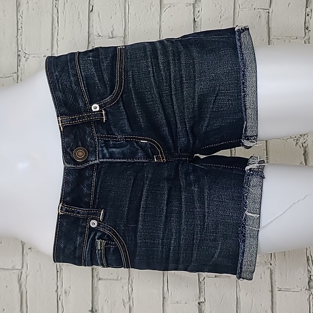 AE Next Level Classic Low-Rise Cuffed Raw Hem Denim Shortie Short Dark Blue Wash